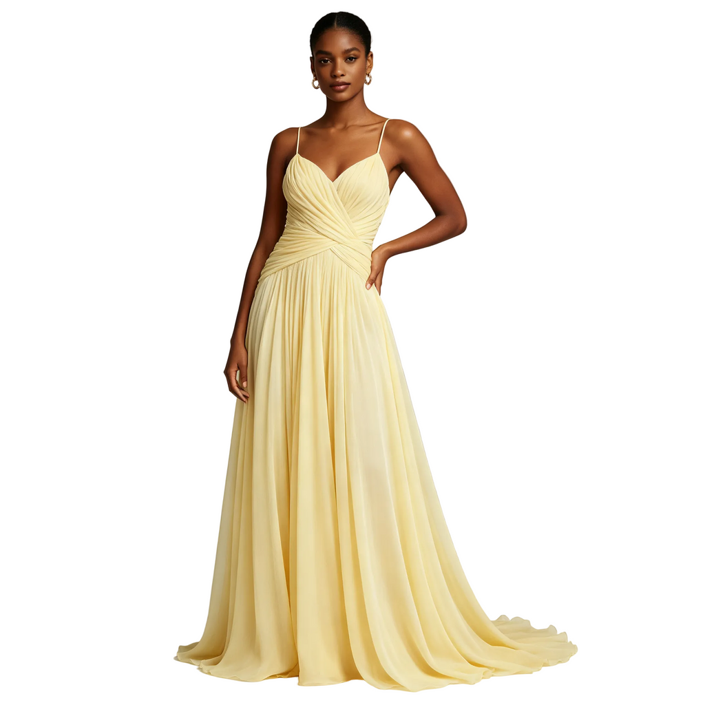 Yellow Ruched Bust Draped Waist Maxi Dress Sleeveless Backless Elegant Evening Party Long Dress for Women