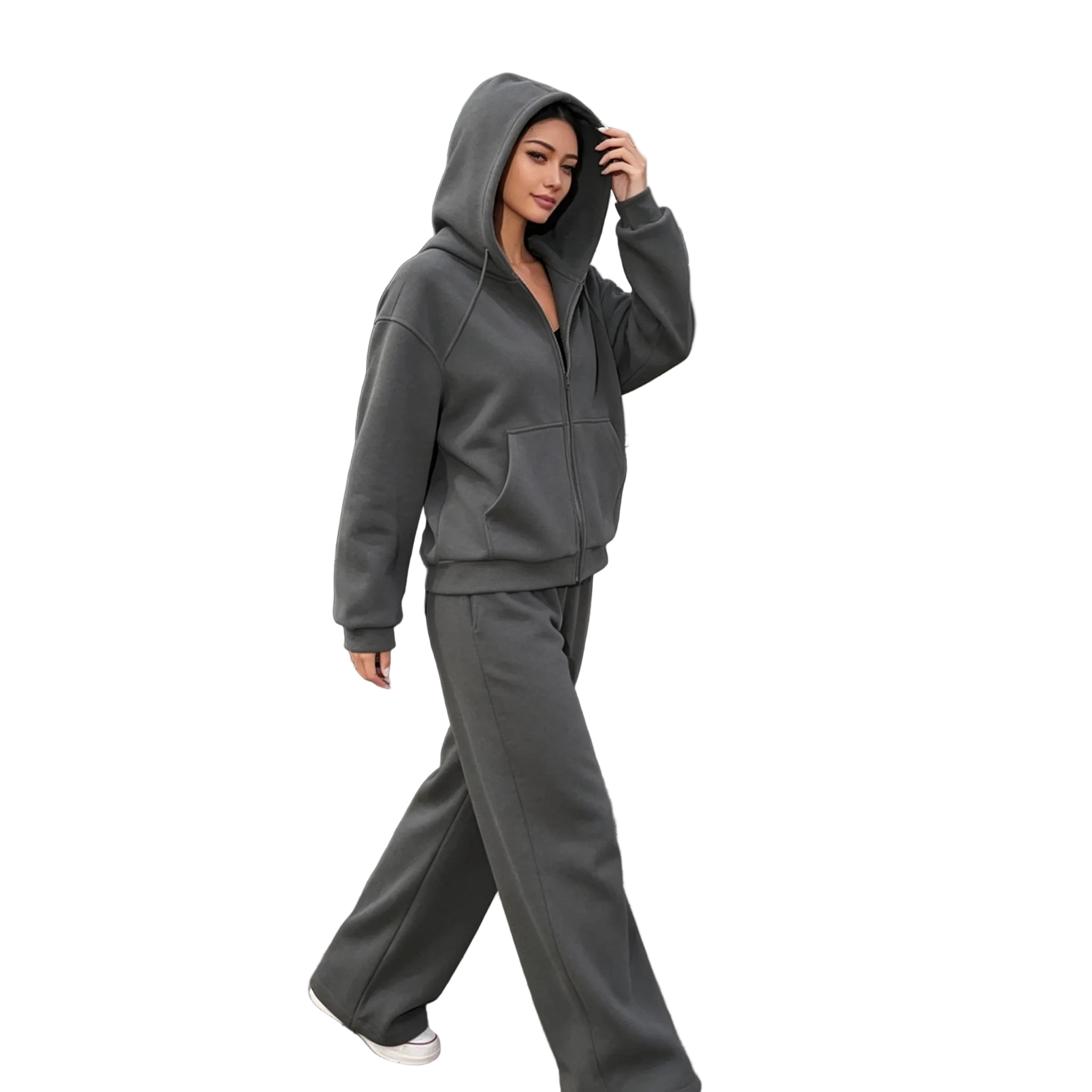 Women's 2 Piece Casual Tracksuit Set Zip Up Hooded Sweatshirt Jacket High Waist Wide Leg Sweatpants Loose Athletic Jogger Outfit Solid Color Sport Sweatsuit For Daily Wear