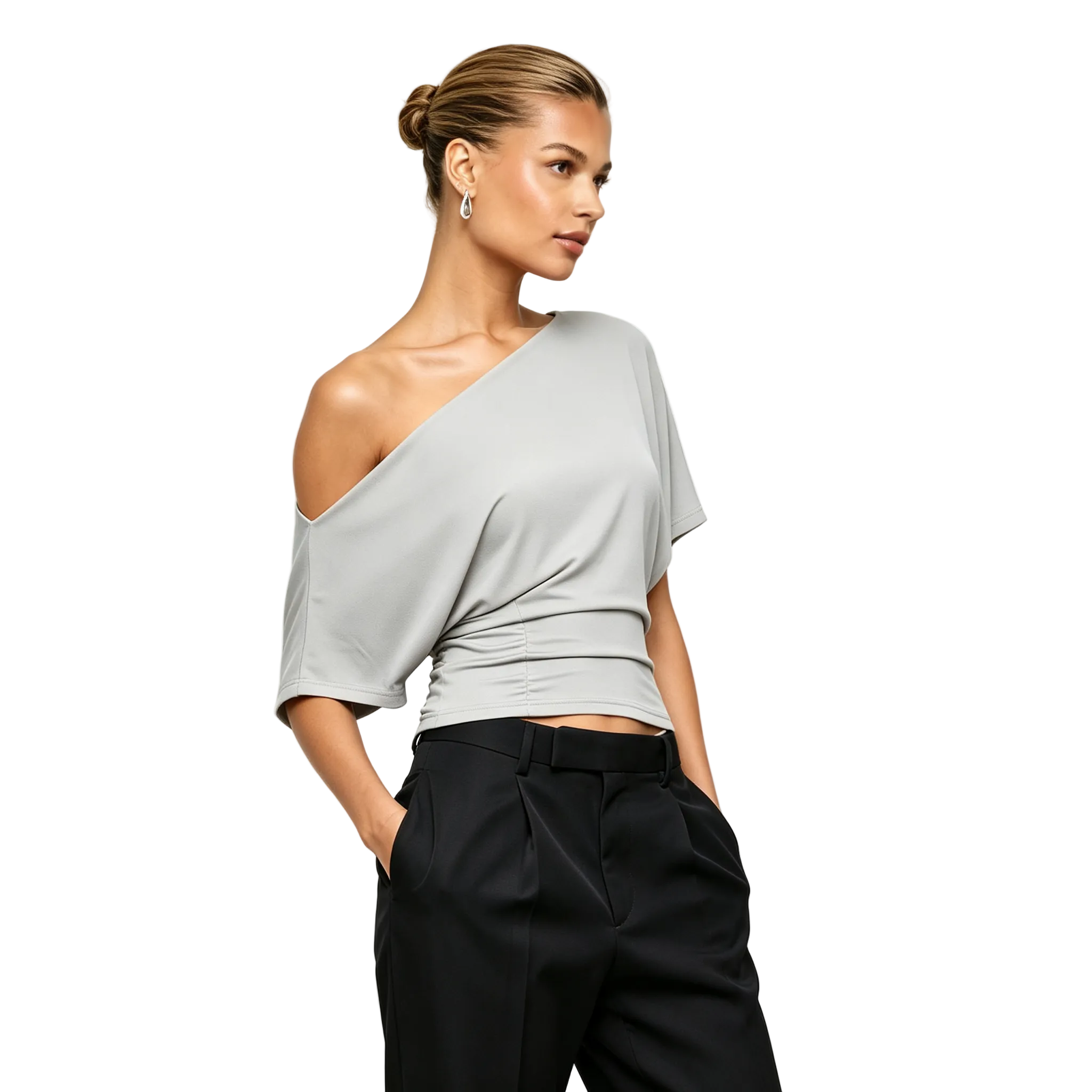 Asymmetric Off Shoulder Crop Top Women Draped Batwing Short Sleeve Ruched Waist Slim T-shirt