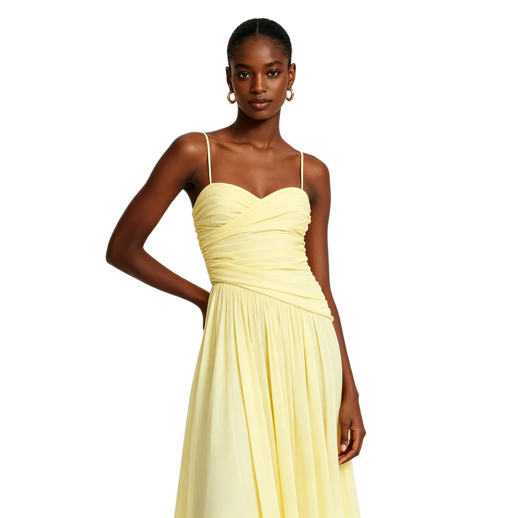 Yellow Ruched Bust Draped Waist Maxi Dress Sleeveless Backless Elegant Evening Party Long Dress for Women