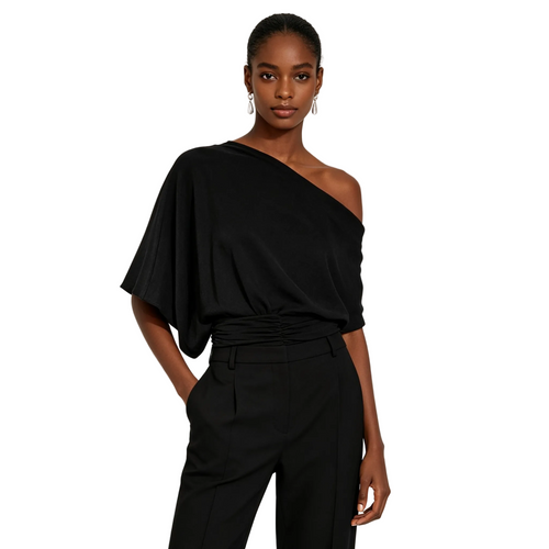 Asymmetric Off Shoulder Crop Top Women Draped Batwing Short Sleeve Ruched Waist Slim T-shirt